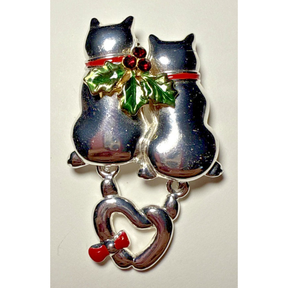 Vintage Kenneth Cole Silver Tone Holiday Christmas Cats Brooch J-3N